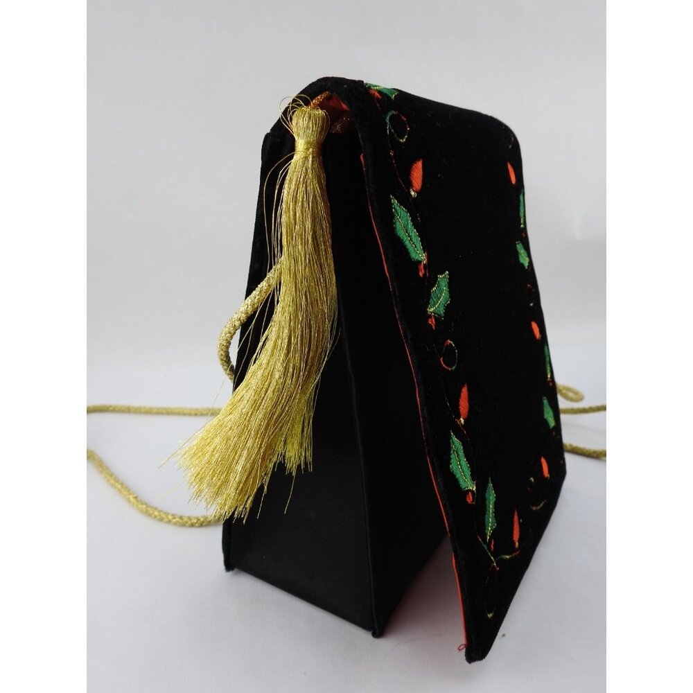 Black Velvet Purse With Christmas Bulbs Embroidered Evening Holiday Bag 7” - Picture 8 of 10